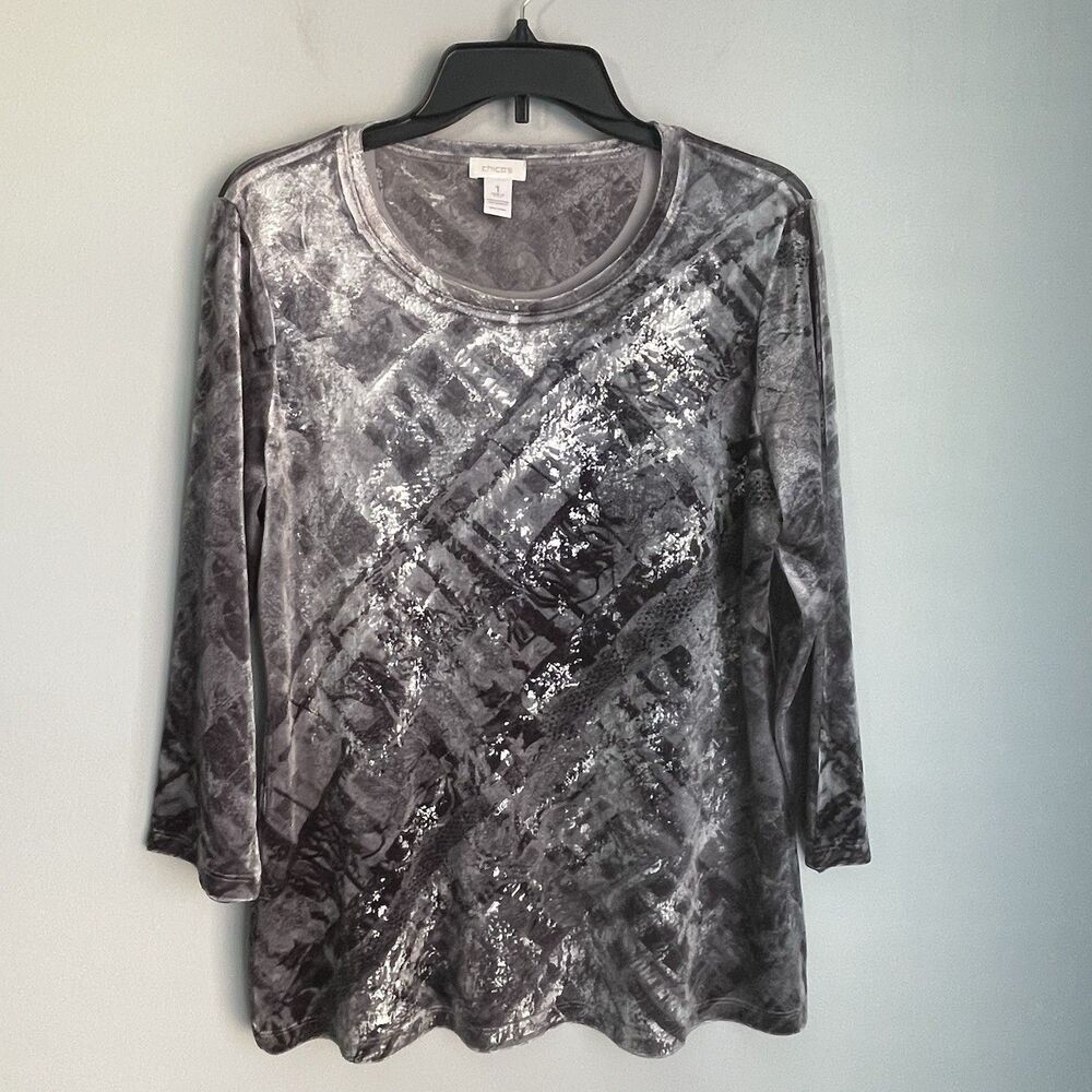 Chico's Velvet Top Women’s Size 1/M Silver Gray Embossed Holiday Chic Glam Party